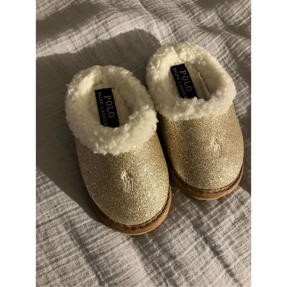 POLO Ralph Lauren Gold & Cream Sherpa Slip on Slippers Size Toddler 7 - Picture 4 of 10